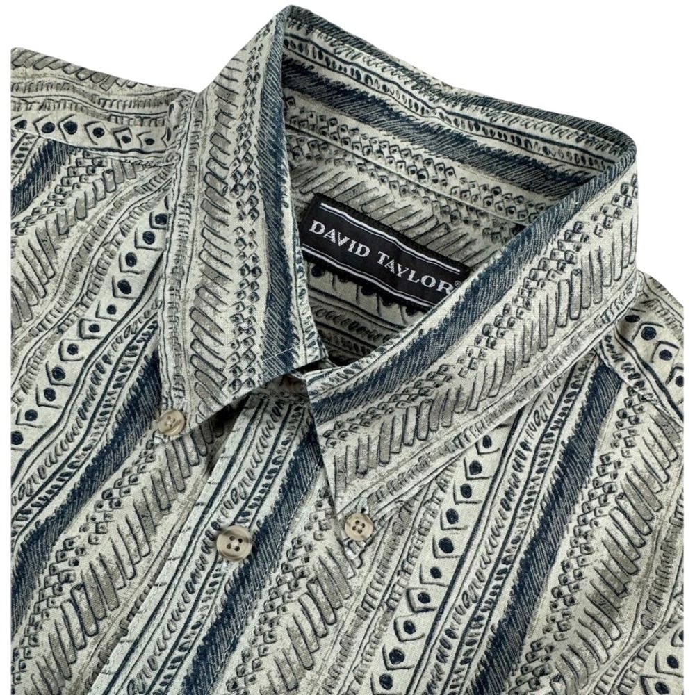 David Taylor Shirt Mens Large Gray Black Tribal Geometric Print Cotton SS